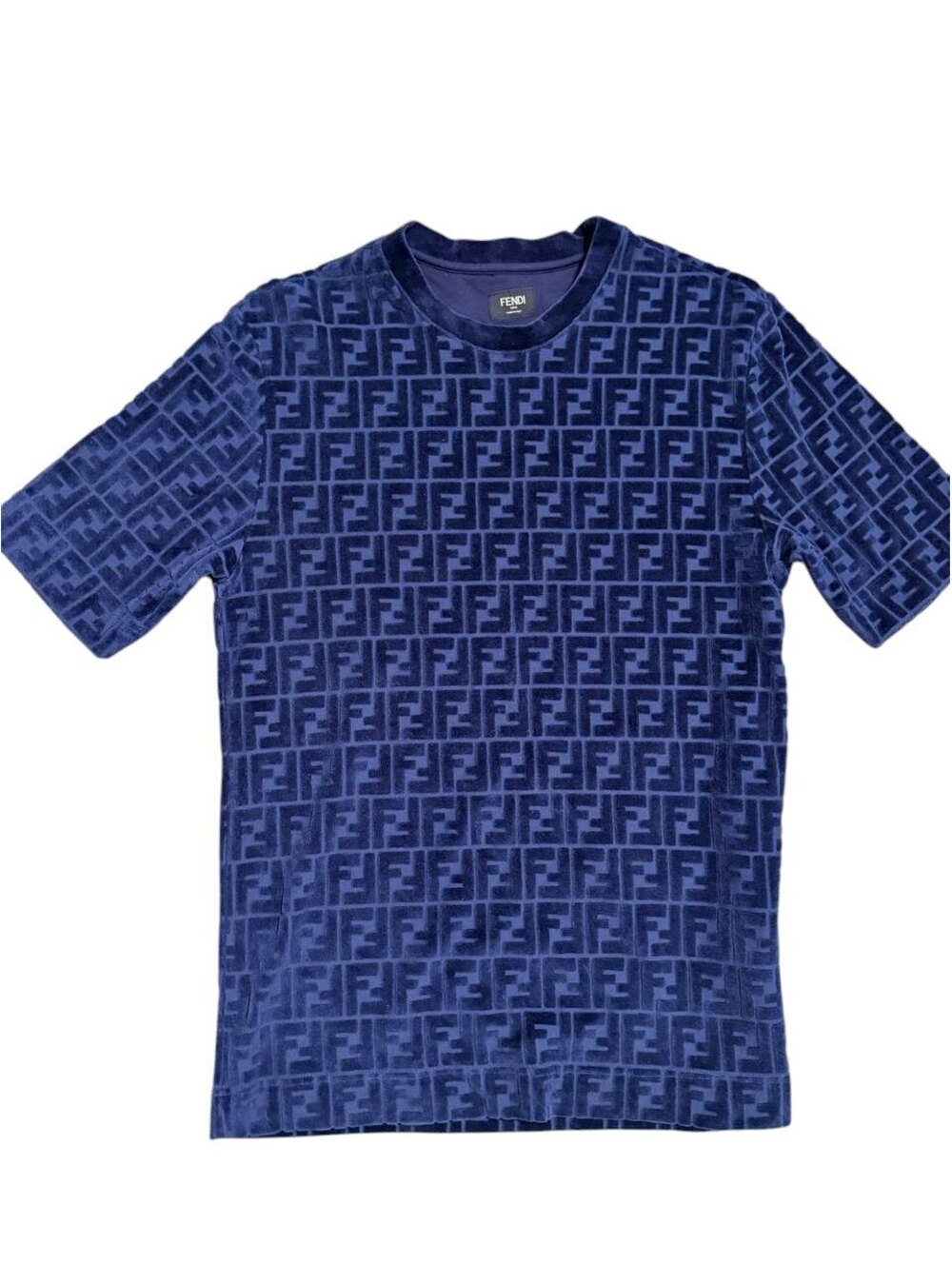 Fendi Zucca Monogram Velour T-Shirt Navy Blue Sz S